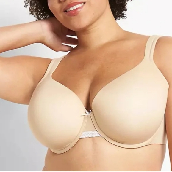 40F Cacique Lightly Lined Full Coverage Tan Bra With White Lace & Bow Size 40F - Picture 1 of 8